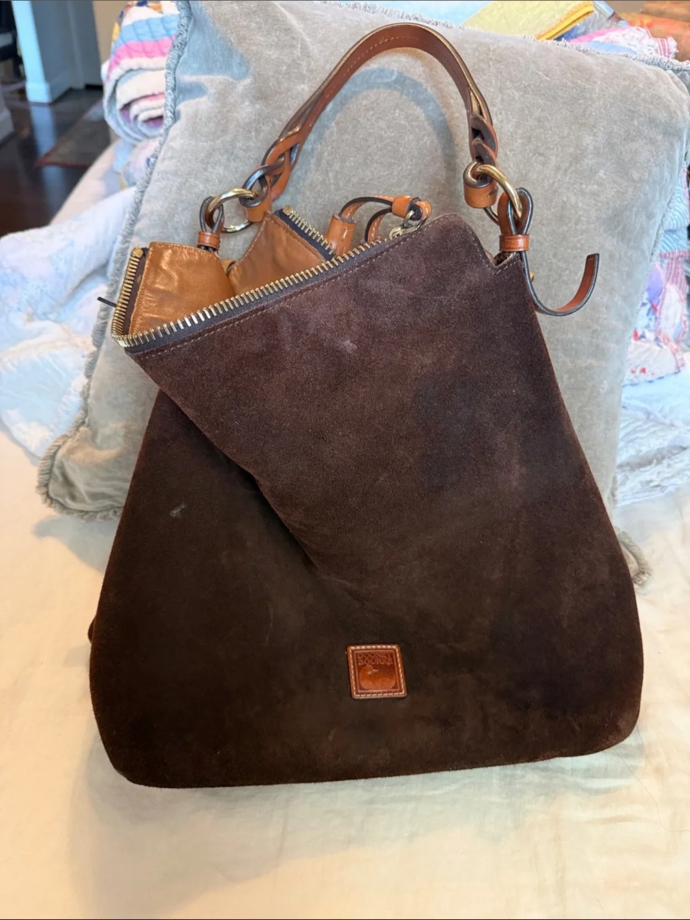 Dooney & Bourke Dark Brown Suede Hobo with Leather Trim